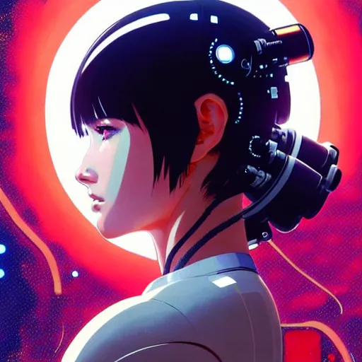 Image similar to side portrait scifi cyborg girl with robotic parts and spacesuit | | head only in center of image, audrey plaza, fine detail!! anime!! realistic shaded lighting!! poster by ilya kuvshinov katsuhiro otomo ghost - in - the - shell, magali villeneuve, artgerm, jeremy lipkin and michael garmash and rob rey