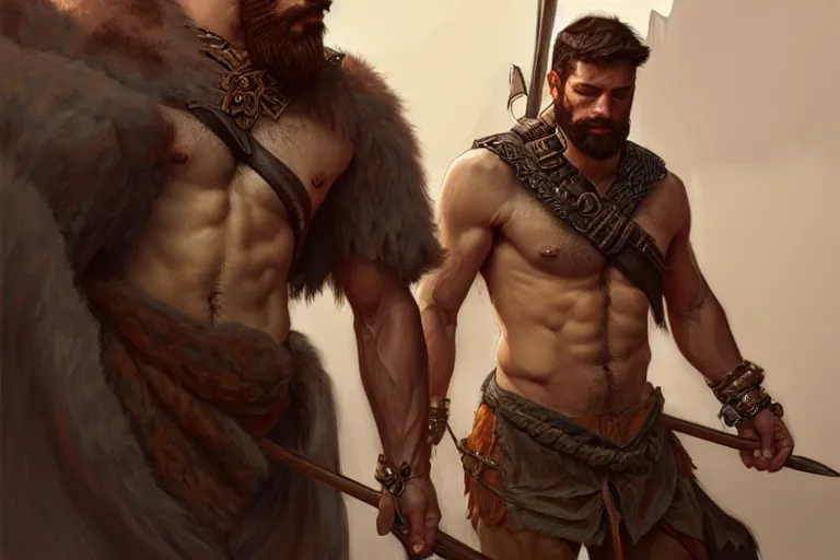 Image similar to upper body portrait of a gruff ranger with a spear, lean and toned, handsome face, hairy chest, D&D, intricate, elegant, highly detailed, digital painting, artstation, concept art, matte, sharp focus, illustration, art by Artgerm and Greg Rutkowski and Alphonse Mucha