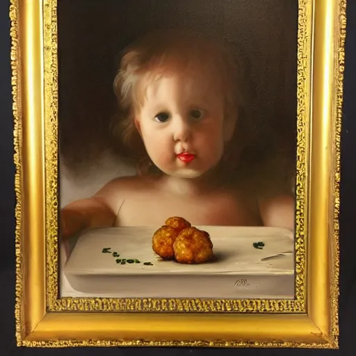 Prompt: the last tatertot, oil on canvas, beautiful ornate frame, award winning