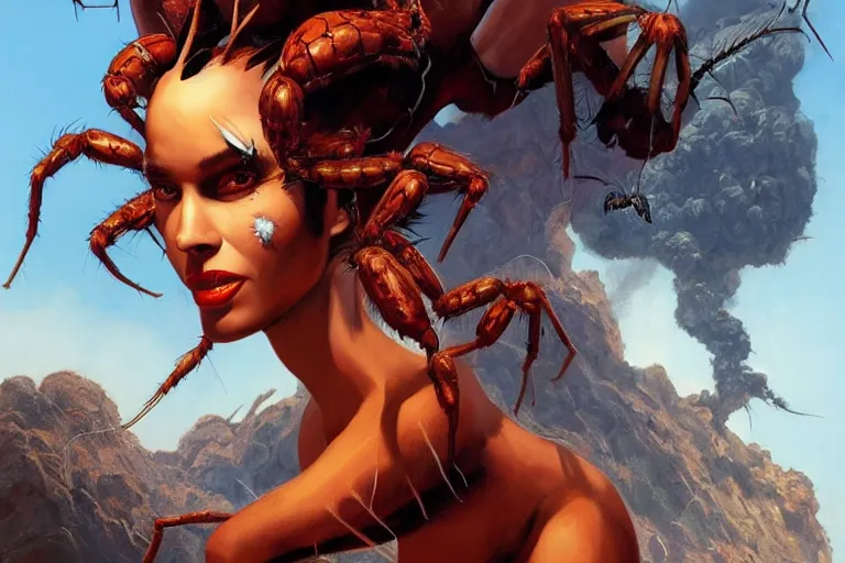 Image similar to A portrait painting of a spider woman with giant spider legs and hair needles crawling out of a volcano, illustration, detailed, award-winning, trending on artstation, by Frank Frazetta and Charlie Bowater and Mark Brooks and Richard Corben H-1024