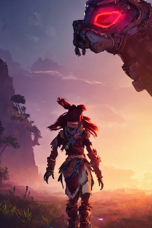 Image similar to combination suit armor aloy horizon forbidden west horizon zero dawn radiating a glowing aura global illumination ray tracing hdr fanart arstation by ian pesty and alena aenami artworks in 4 k tribal robot ninja mask helmet backpack