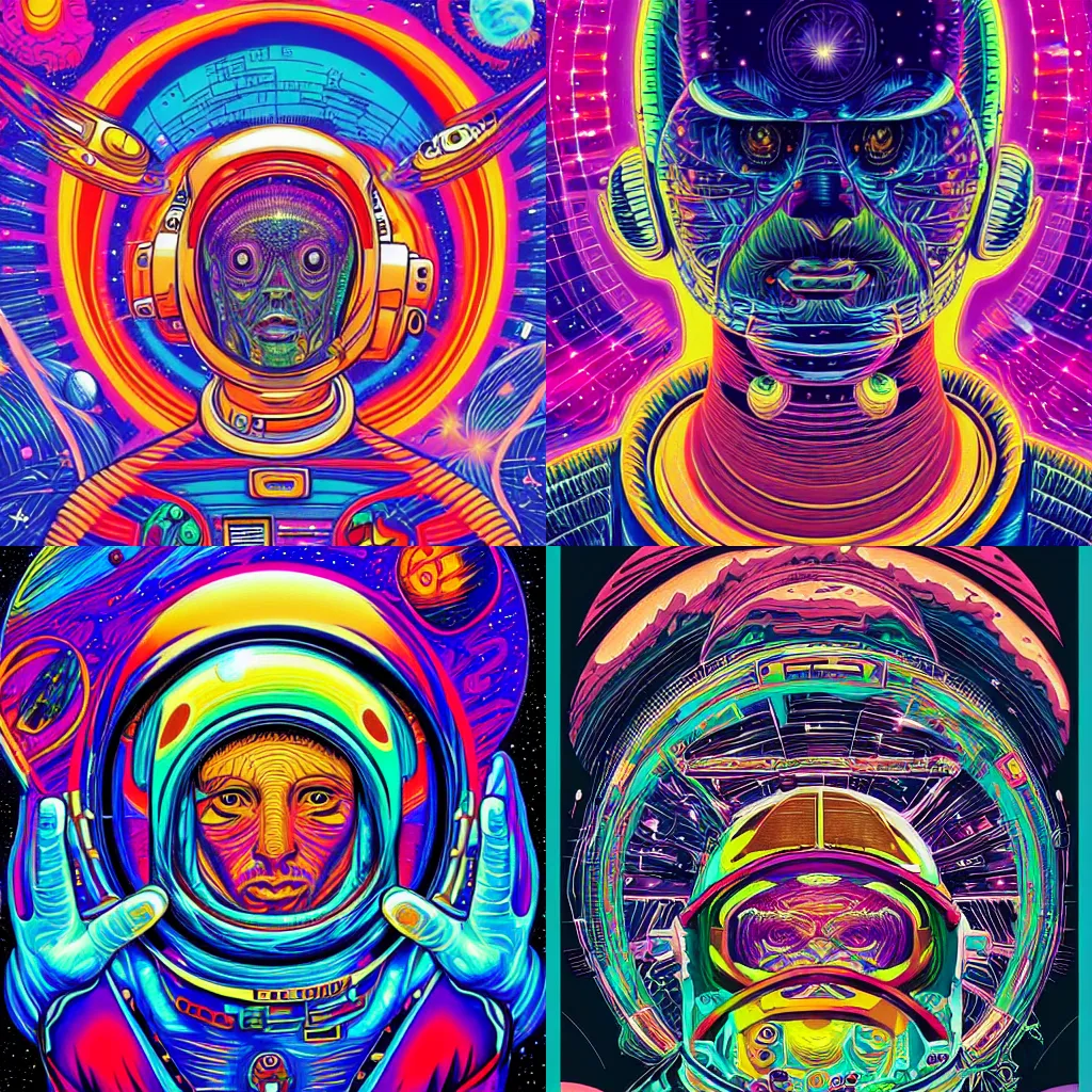 Prompt: an astronaut in the space with psychedelic style by alex grey and dan Mumford,trending on artstation