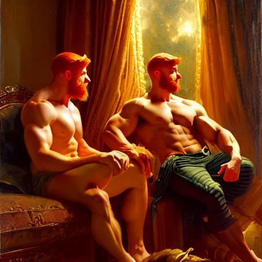 Image similar to muscular male mike and muscular male tyler, one is ginger and the other brunet, drinking their hearts out, in their noble mansion, at night. highly detailed painting by gaston bussiere, craig mullins, j. c. leyendecker 8 k