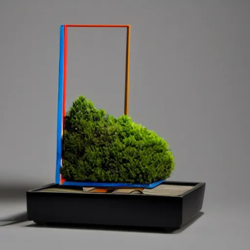 Image similar to This kinetic sculpture is composed of two rectangles of different sizes and colors, separated by a thin line. The bottom rectangle is larger and warmer in color. The top rectangle is smaller and lighter in color. The line that separates the rectangles creates a sense of tension and balance. A deep background provides a sense of depth and space. bonsai by John Bauer lively