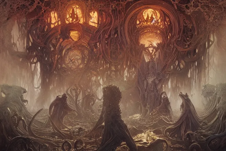 Image similar to a lovecraftian painting of a demonic shrine, occult, moster summoning, warlocks, cosmic horror elements, ultra realistic, concept art, intricate details, eerie, highly detailed, photorealistic, octane render, 8 k, unreal engine. art by artgerm and greg rutkowski and alphonse mucha