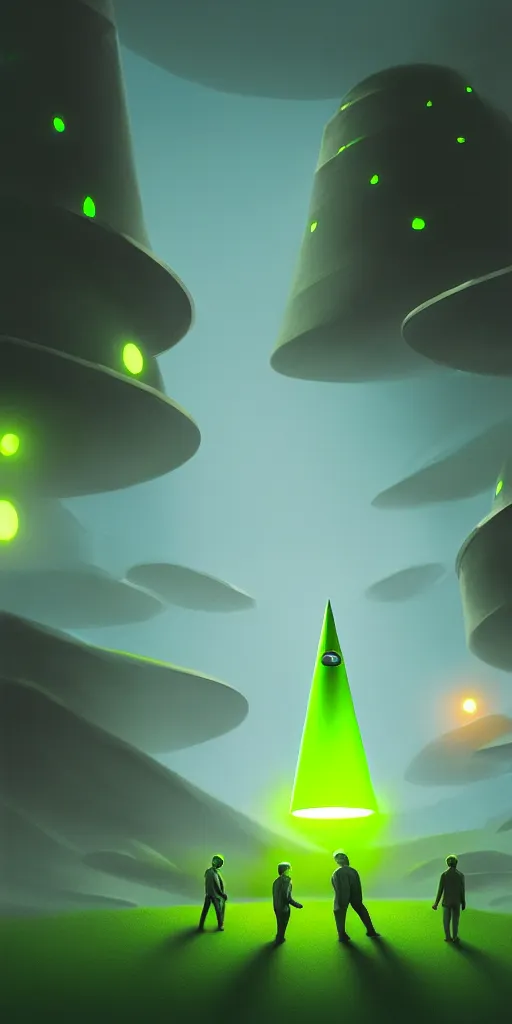 Prompt: abducted by green little men through a light cone, matte oil painting, concept art, sharp focus, award - winning, extremely detailed, 4 k