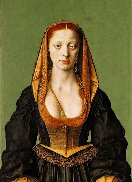 Image similar to portrait of young woman in renaissance dress and renaissance headdress, art by albrecht durer