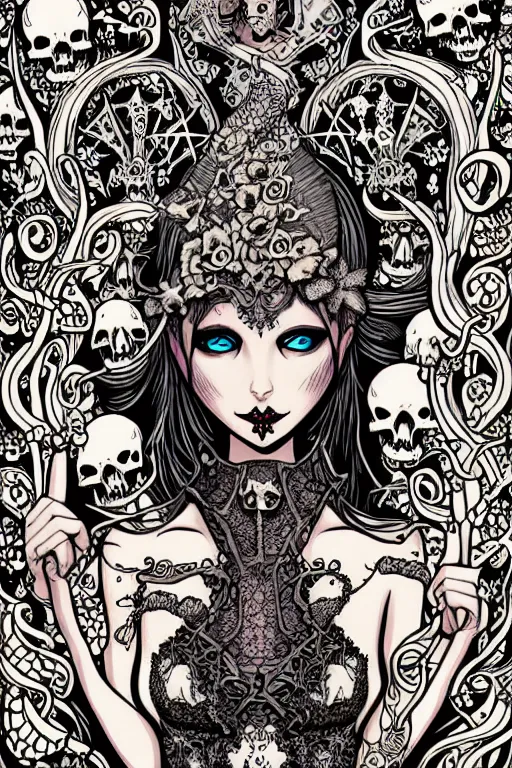 Prompt: a gothic fairy surrounded by skulls and mushrooms, fantasy graphic novel style, by wendy pini, intricate, fine inking lines, extremely detailed, flat colors