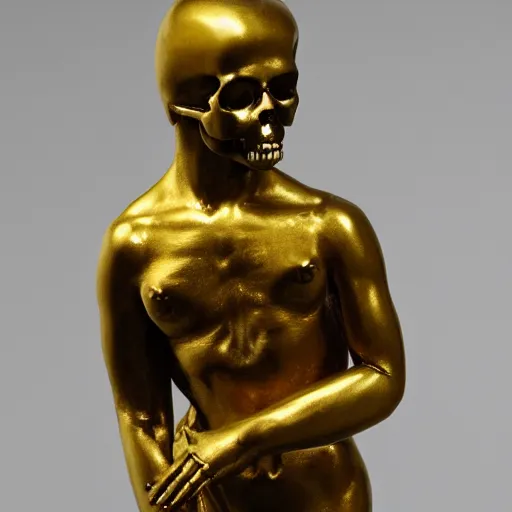 Prompt: full shot of a half gold half marble statue of a beautiful woman and a skull, renaissance