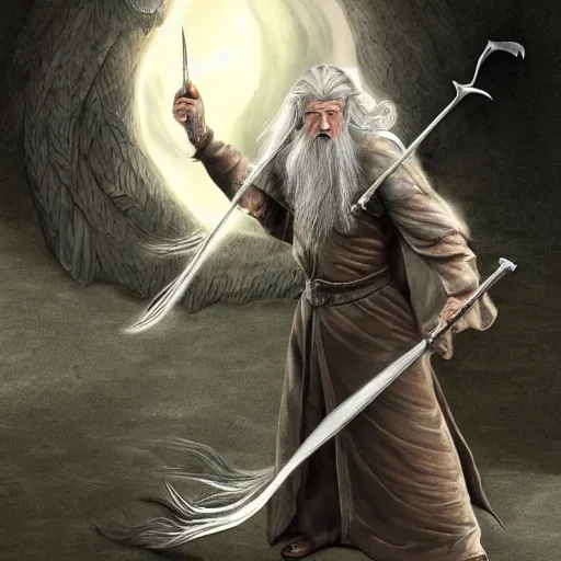 Image similar to gandalf riding a dragon, highly detailed, digital art