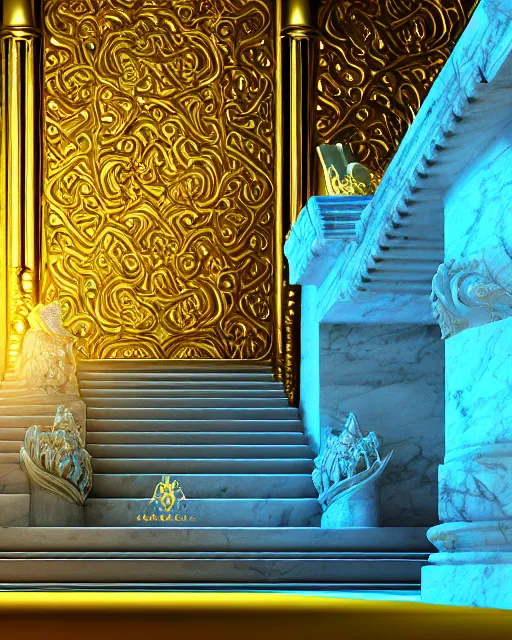 Prompt: scientifically realistic render scifi gold staircase to royal temple carved out of marble skeleton and blue gems and cyan crystal rendered in octane