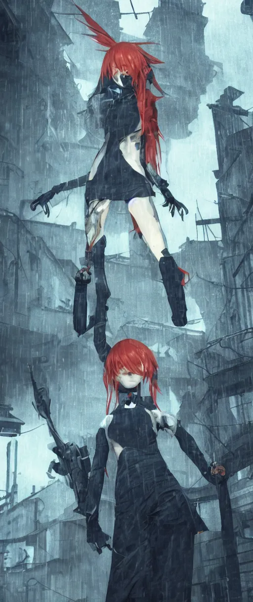 Image similar to asuka langley showing her outsider's mark in a dishonored town, dunwall city, advanced digital art, dishonored aesthetic, cinematic lighting, rainy weather, melancholy atmosphere, artstation, dunwall city, gothic architecture, volumetric light, octane render, dishonored game, dishonored 1, atmosphere or depression and despair, cute anime face