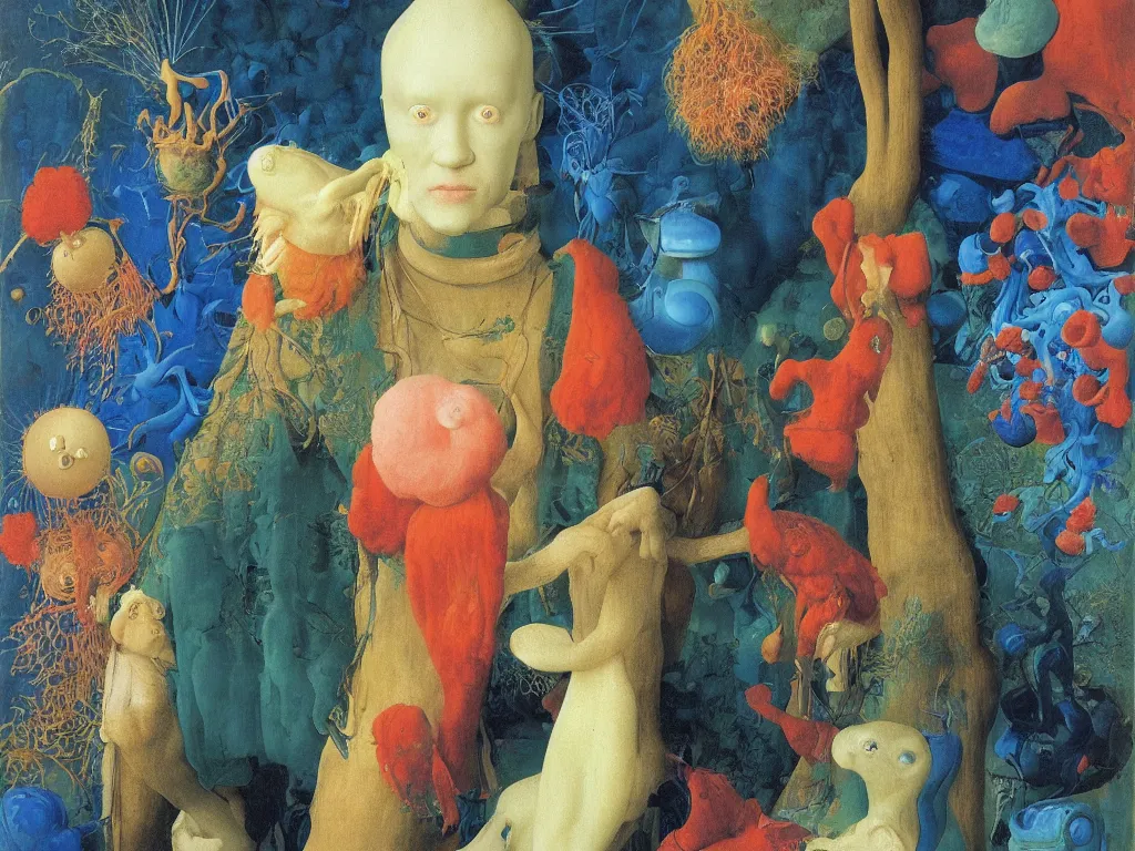 Image similar to portrait of albino mystic with blue eyes, with beautiful exotic corals. Painting by Jan van Eyck, Audubon, Rene Magritte, Agnes Pelton, Max Ernst, Walton Ford