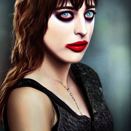 Prompt: beautiful dakota johnson with joker makeup, highly detailed, realistic face, detailed face, amazing digital art