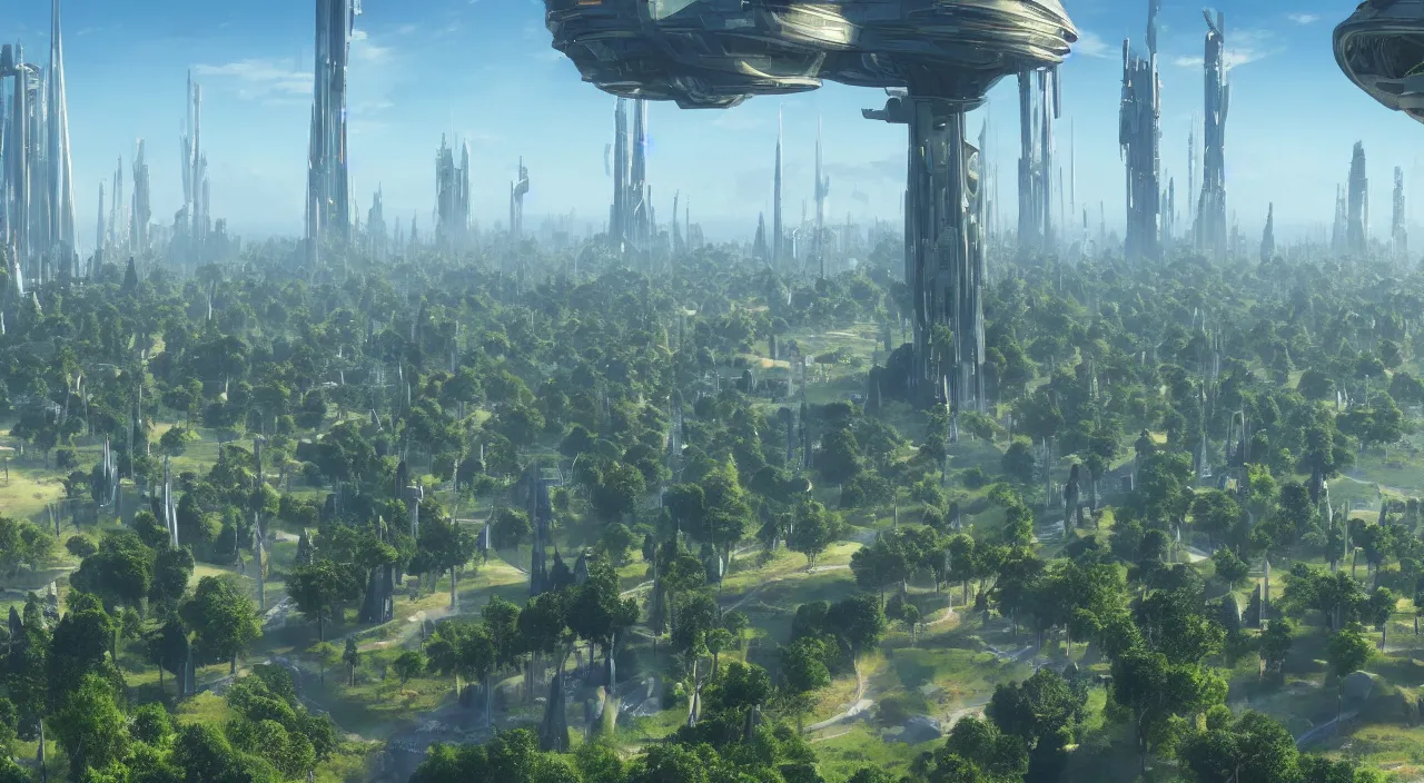 Image similar to An absolutely beautiful view of a sci-fi world. There are tall structures seen in the distance, with lots of unique looking trees.