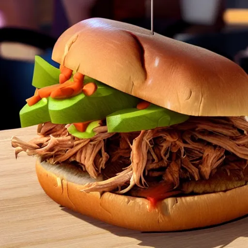 Image similar to a raging pulled pork sandwich with eyes and shark teeth biting a human hand, close-up, highly detailed, hyper-realistic, unreal engine