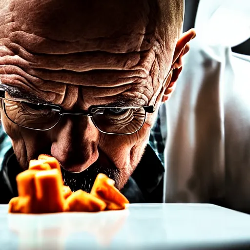 Image similar to walter white eating carrots, close up, professional photography, film still, dramatic lighting, melancholy