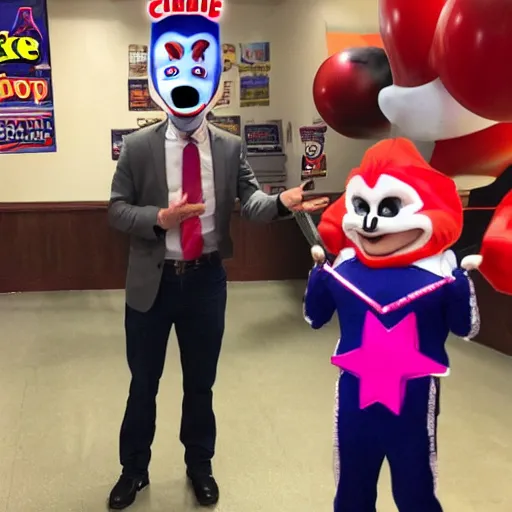 Image similar to ben shapiro in a chuck e cheese costume with the mask off