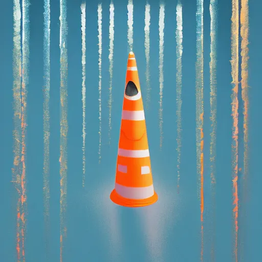 Image similar to orange and white striped traffic cone with 5 rows of shark teeth breaking through the cracks, ocean background detailed atmospheric - ron cheng & alphonse mucha, highly detailed, digital painting, ray tracing, concept art, illustration, smooth sharp focus, intricate, symmetry, artstation,