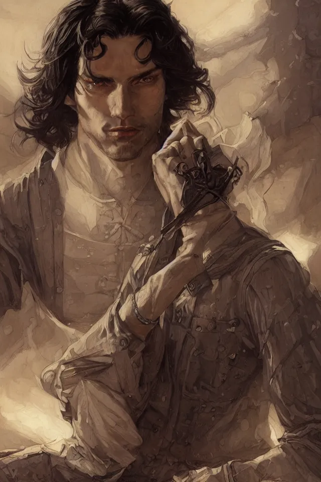 Prompt: skinny male fantasy alchemist, long dark hair, 1 9 2 0 s, elegant, highly detailed, intricate, smooth, sharp focus, artstation, digital paining, concept art, art by donato giancola, greg rutkowski, artgerm, cedric peyravernay