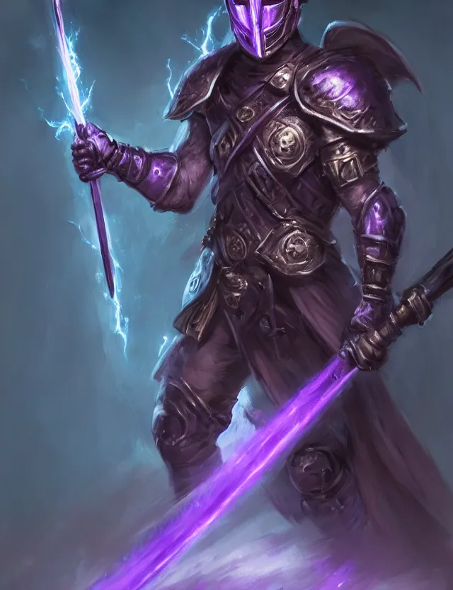 Image similar to a masked warrior in purple armour glowing violet, wielding a large purple sword that flashes with lightning, by frank fazetta and peter mohrbacher, trending on artstation, digital art, 4 k resolution, detailed, high quality, hq artwork, coherent, insane detail, concept art, character concept, character full body portrait