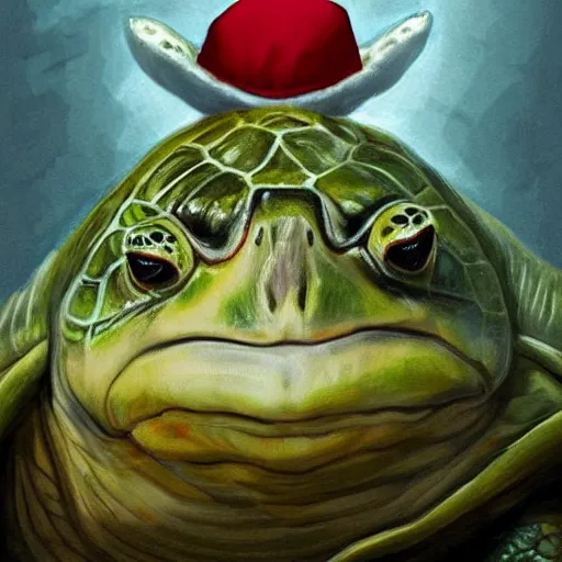 Image similar to regal papal pond turtle wearing a pope hat, D&D, fantasy, portrait, highly detailed, digital painting, trending on artstation, concept art, sharp focus, illustration, art by artgerm, greg rutkowski and magali villeneuve #pope francis #red ear slider turtle #vatican #pond turtle #catholic