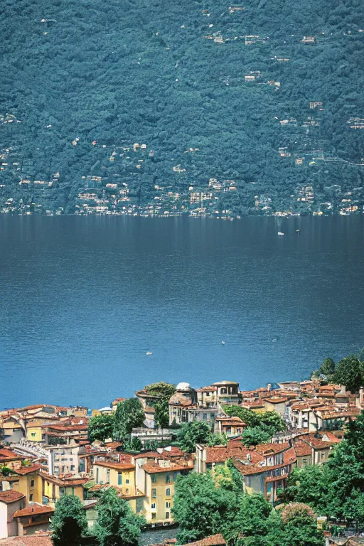 Image similar to Photo of Lake Como, wide shot, daylight, blue sky, summer, dramatic lighting, award winning, highly detailed, medium format photography, cinestill 800t.