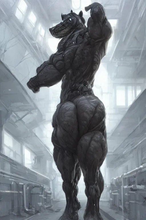 Image similar to a hulking muscular black - coated anthropomorphic horse wearing form - fitting tactical clothing, test subject supersoldier, in a research facility, game character, highly detailed, digital painting, artstation, concept art, illustration, art by artgerm, greg rutkowski, wlop