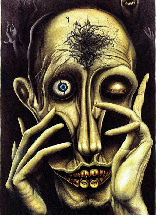 Prompt: catatonic schizophrenic, macabre, claustrophobia, by ed schaap, by salvador dali, buddhahood, dark shadows