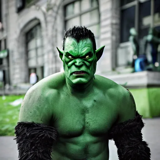 Image similar to a handsome green-skinned half-orc in the city, today's featured fantasy photography