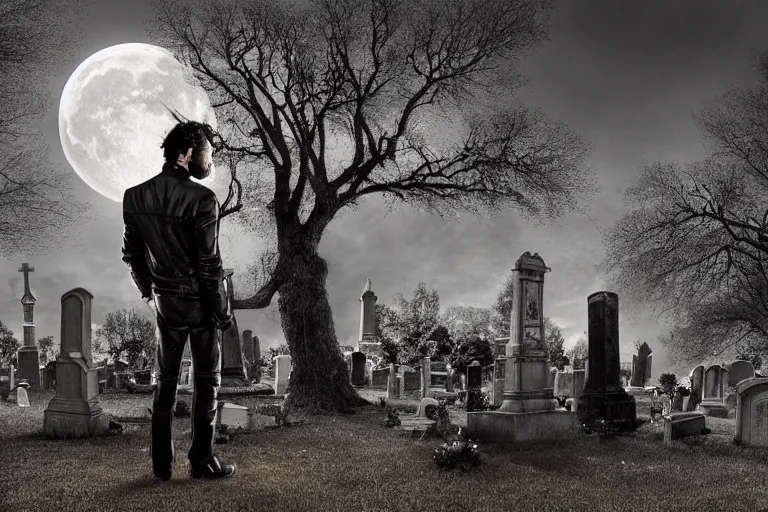 Prompt: mikhail gorshenev in a leather jacket playing guitar in a cemetery, dark night, full moon, crows on the oak tree, highly detailed digital art, photorealistic