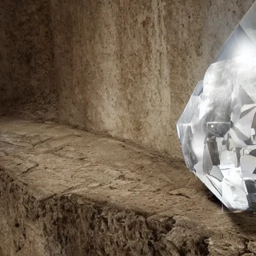Image similar to a huge crystal with an human inside, placed in a mystic ruin