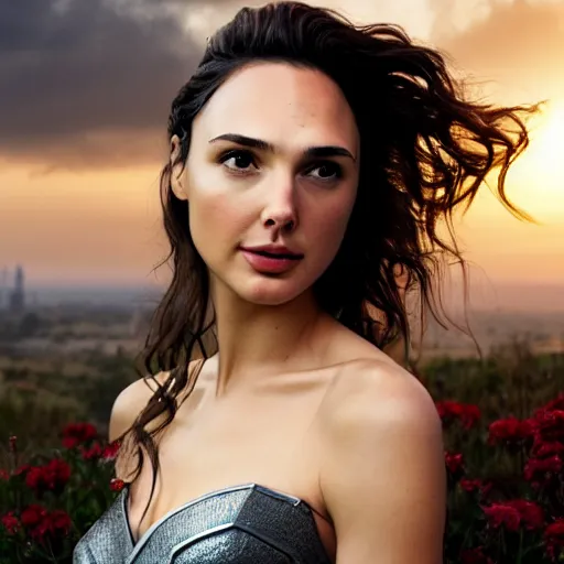 Prompt: photo of the beauty gal gadot, she is posing while maintain a sweet eye contact to the camera, she has a crown of flowers, the photo was taken at sunset with a bokeh effect, photo by iris edward steichen, photorealistic, matte painting, hyper realistic, 4 k, 8 k, cinematic composition, hd, highly detailed, trending on artstation