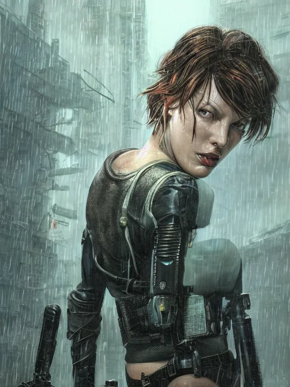 Image similar to portrait of Milla Jovovich from Resident Evil in the wreckage city in the rain,by tom bagshaw,Cedric Peyravernay,,James Paick,Ted Nasmith, peter gric,Hugh Ferriss,trending on artstation,8k,Blade Runner 2049,ultra realistic,high detail,golden ratio,cinematic lighting,maximalist