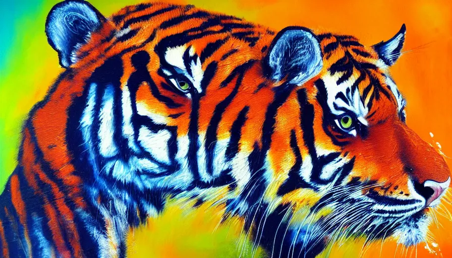 Prompt: tiger, painting on canvas, watedrops, acrylic painting, acrylic pouring, painting, influencer, artstation - h 8 0 0