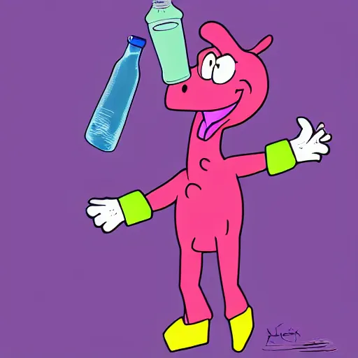 Image similar to fullbody!! barney the dinosaur from the kid's show holding a broken bottle, absurdist, hyperrealistic, digital art