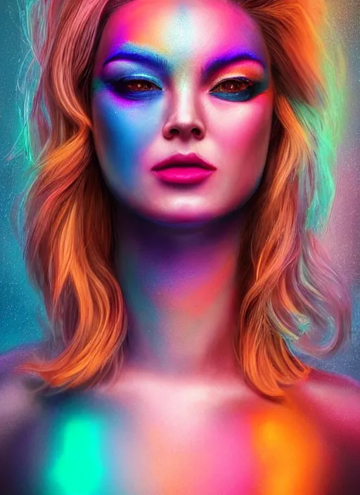 Image similar to gorgeous android portrait with neon face makeup, eightees look, smiling expression, cute nose, retro, beautiful lights, vintage look, hyper realistic, illustration, airbrush, 8 k, intricate, duo tone, art by david la chapelle and philip castle, artgerm