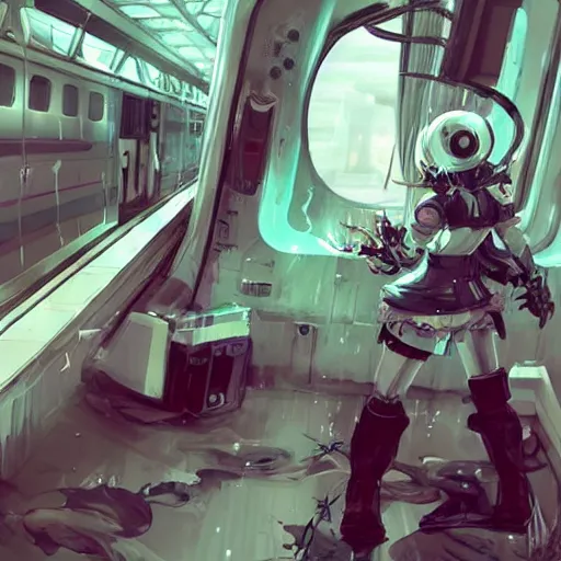 Image similar to white and teal colors. highly detailed post-cyberpunk sci-fi train in style of cytus and deemo, mysterious vibes, by Akihiko Yoshida, by Greg Tocchini, nier:automata, set in half-life 2, beautiful with eerie vibes, very inspirational, very stylish, surrealistic, perfect digital art, mystical journey in strange world, bastion game