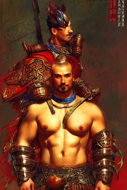 Image similar to attractive beefy male with armor, ming dynasty, character design, colorful, neon lights, painting by gaston bussiere, craig mullins, j. c. leyendecker, tom of finland