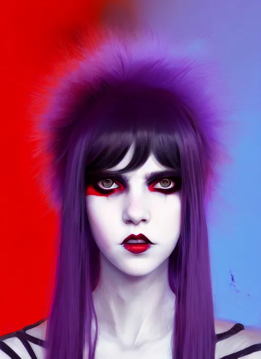 Image similar to portrait of white teenage girl, normal face, white bangs, mall goth, cyberlox, black and white hair, bangs, fluffy bangs, red contact lenses, purple lipstick, intricate, elegant, highly detailed, digital painting, artstation, concept art, sharp focus, smooth, illustration, art by wlop, mars ravelo and greg rutkowski