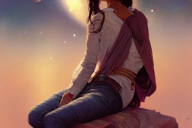 Image similar to Sensual good looking pale young Indian doctors wearing jeans in a space elevator above Earth, portrait, elegant, intricate, digital painting, artstation, concept art, smooth, sharp focus, illustration, art by artgerm and greg rutkowski and alphonse mucha