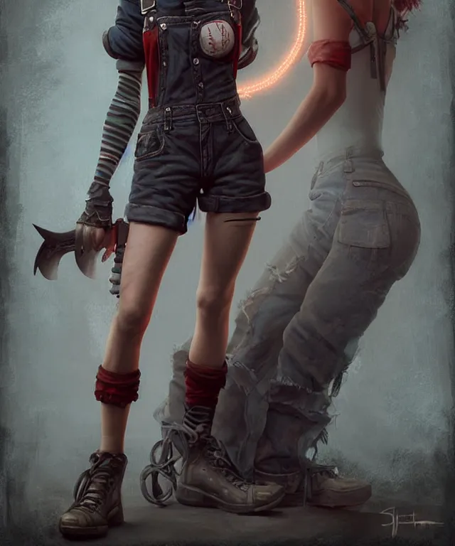 Prompt: full body pose, grungy ciri, torn overalls, short shorts, combat boots, fishnets, beautiful, highly detailed face, true anatomy!, extremely detailed!, digital painting, unreal engine 5, art by tom bagshaw