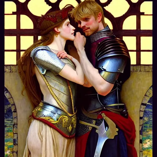 Image similar to attractive arthur pendragon and his favourite attractive male knight, they are in love, camelot, natural lighting, path traced, highly detailed, high quality, digital painting, by gaston bussiere and ross tran and j. c. leyendecker and alphonse mucha