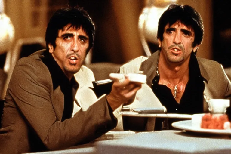 Image similar to medium shot. tony montana from movie scarface 1 9 8 3. staying with m 1 6 riffle. table with cocaine in background. al pacino. perfect symmetric face, coherent eyes, fine details, 4 k, ron cobb. cinestill