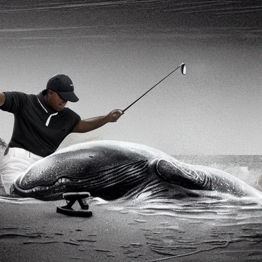 Image similar to highly detailed winning photo of a midget golfer riding a beached whale. the crowd is cheering him as tiger woods looks on in defeat. highly detailed render, photorealistic, photography