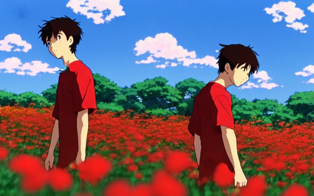 Image similar to a boy wearing a red soccer jersey day dreaming on a field of flower, beautiful bright blue sky. 35mm film. makoto shinkai, studio ghibli.