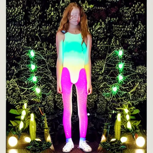 Image similar to very symmetrical fruits magazine steetwear photo of cute cool fashion worn by teens teens in the far future with glowing led lights and surrounded by plants, futuristic!!! haute couture fashion!!!!, nanotechnology and cybernetics!!! and solar power and prosthetic