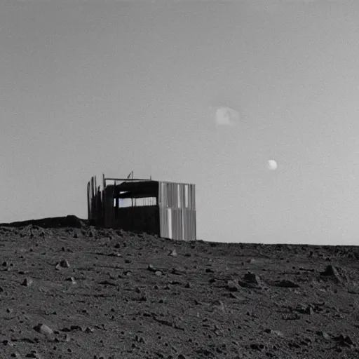 Prompt: a photo taken from a distance of a half built house on the surface of the moon