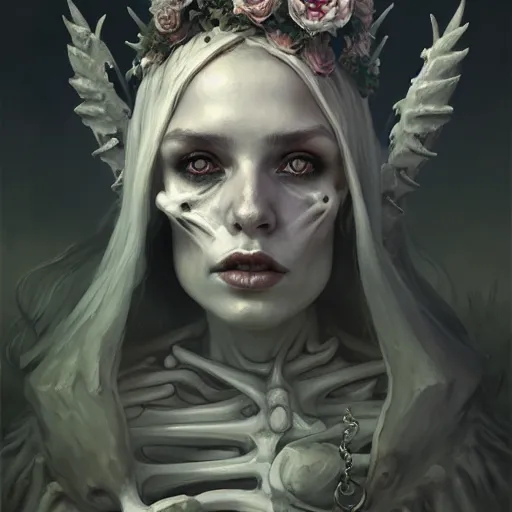 Image similar to bone queen, beautiful girl, full body, bone throne, in a cemetary, realistic, serov, surikov, vasnetsov, repin, kramskoi, insanely detailed, charlie bowater, tom bagshaw, high resolution, octane rendered, unreal engine, illustration, trending on artstation, masterpiece, 8 k