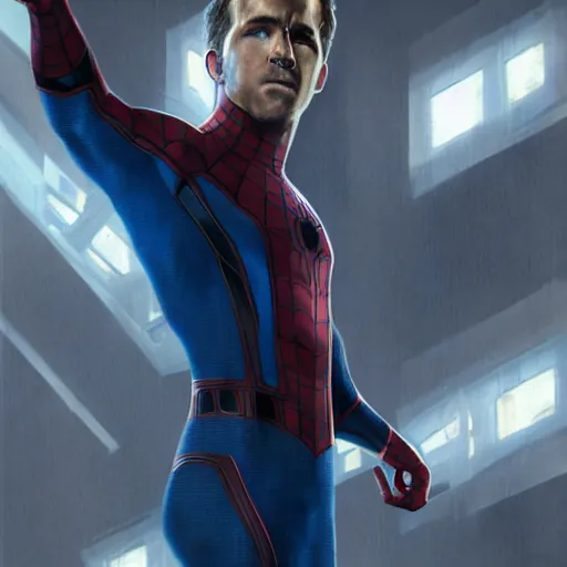 Image similar to ryan reynolds as spider - man, wearing a black and blue suit, cinematic, volumetric lighting, f 8 aperture, cinematic eastman 5 3 8 4 film, photorealistic by greg rutkowski, by stanley artgerm, by alphonse mucha